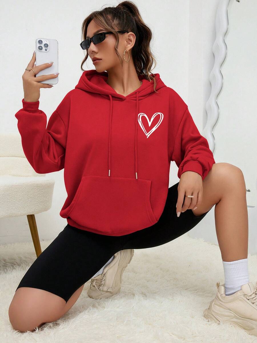 INAWLY Heart Print Kangaroo Pocket Drop Shoulder Drawstring Hoodie,Long Sleeve Tops - Red - View 1