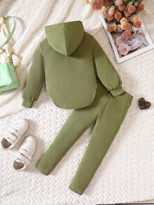 SHEIN Young Girl Solid Hooded Sweatshirt & Leggings - Olive Green - View 2