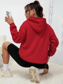INAWLY Heart Print Kangaroo Pocket Drop Shoulder Drawstring Hoodie,Long Sleeve Tops - Red - View 2