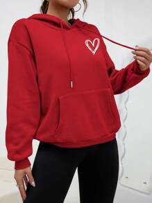 INAWLY Heart Print Kangaroo Pocket Drop Shoulder Drawstring Hoodie,Long Sleeve Tops - Red - View 5