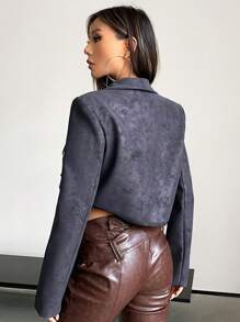 SHEIN X Danna Paola SHEIN ICON 1pc Grommet Lace Up Front PU Leather Crop Jacket - Dark Grey - View 2