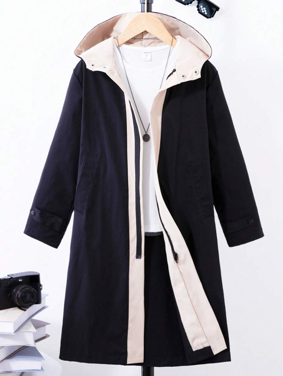 SHEIN Chico preadolescente 1 pieza Gabardina de dos tonos con capucha - Negro - Ver 1