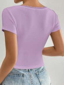SHEIN Qutie Trang trí ren Nơ mặt trước Áo thun - Màu Lilac Tím - Xem 2