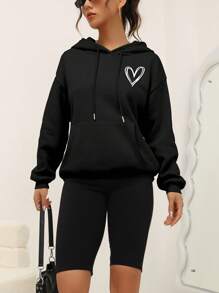 INAWLY Heart Print Kangaroo Pocket Drop Shoulder Drawstring Hoodie,Long Sleeve Tops