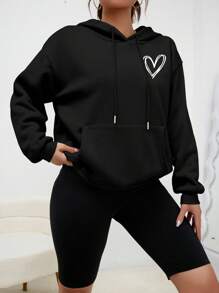 INAWLY Heart Print Kangaroo Pocket Drop Shoulder Drawstring Hoodie,Long Sleeve Tops