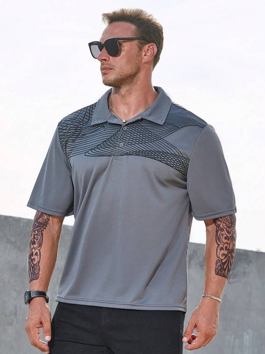 Manfinity Homme Hombres talla grande Camisa polo con estampado de rayas - Gris Oscuro - Ver 1
