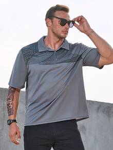 Manfinity Homme Hombres talla grande Camisa polo con estampado de rayas - Gris Oscuro - Ver 3