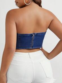 SHEIN EZwear Plus Ruched Front Tube Denim Top - Dark Wash - View 2