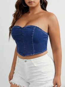 SHEIN EZwear Plus Ruched Front Tube Denim Top - Dark Wash - View 3