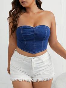 SHEIN EZwear Plus Ruched Front Tube Denim Top - Dark Wash - View 4