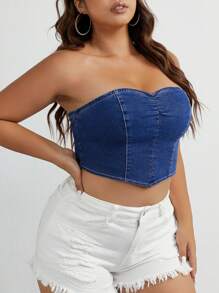 SHEIN EZwear Plus Ruched Front Tube Denim Top - Dark Wash - View 6