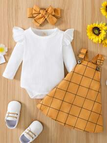 女嬰荷葉邊連體衣和網格線條紋背帶洋裝和頭巾 - 彩色 - 查看 1