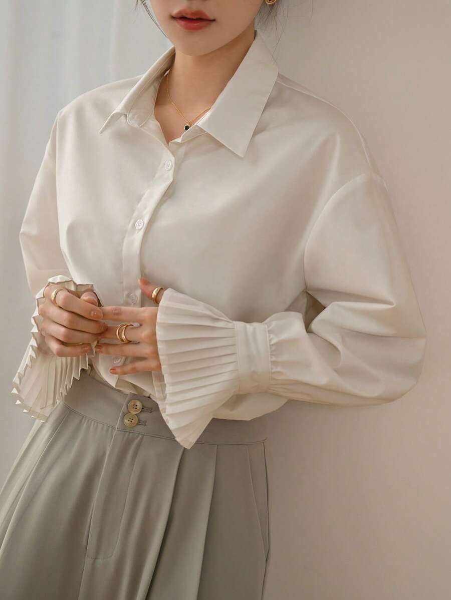 DAZY Women's Plain Long Sleeve Business Casual Shirt,Ruffle,Back To School Clothes - Apricot - View 1