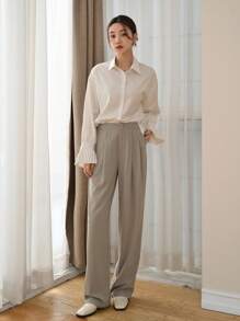 DAZY Women's Plain Long Sleeve Business Casual Shirt,Ruffle,Back To School Clothes - Apricot - View 4