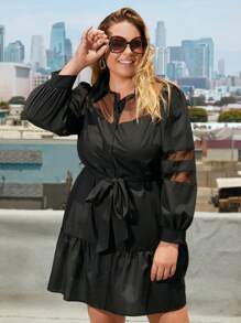 SHEIN Privé Hơn Lưới tương phản Xù Hoa Sen Thắt lưng Váy sơ mi - màu đen - Xem 1