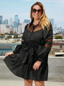 SHEIN Privé Hơn Lưới tương phản Xù Hoa Sen Thắt lưng Váy sơ mi - màu đen - Xem 6