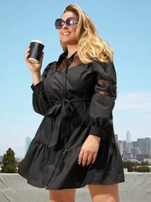 SHEIN Privé Hơn Lưới tương phản Xù Hoa Sen Thắt lưng Váy sơ mi - màu đen - Xem 7