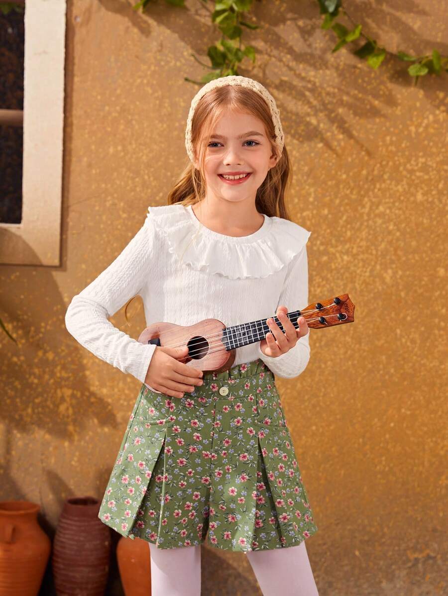 SHEIN Tween Girl Ruffle Trim Tee & Ditsy Floral Print Fold Pleated Shorts - Multicolor - View 1