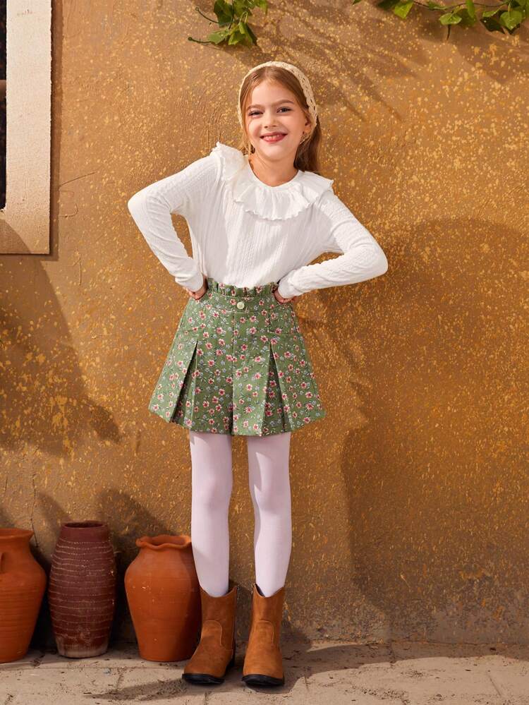 Tween Girl Ruffle Trim Tee & Ditsy Floral Print Fold Pleated Shorts