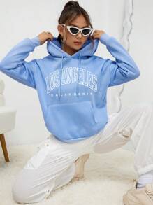 INAWLY Đồ họa Chữ cái Túi kangaroo Thả vai Dây rút Hoodie - Màu xanh nhạt - Xem 3