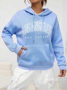 INAWLY Đồ họa Chữ cái Túi kangaroo Thả vai Dây rút Hoodie - Màu xanh nhạt - Xem 4