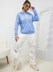 INAWLY Đồ họa Chữ cái Túi kangaroo Thả vai Dây rút Hoodie - Màu xanh nhạt - Xem 5