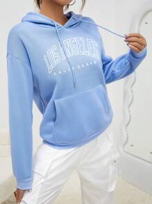 INAWLY Đồ họa Chữ cái Túi kangaroo Thả vai Dây rút Hoodie - Màu xanh nhạt - Xem 6