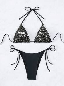 Bộ bikini buộc dây tam giác Halter - màu đen - Xem 3