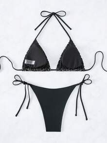 Bộ bikini buộc dây tam giác Halter - màu đen - Xem 4