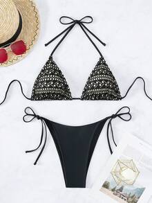 Bộ bikini buộc dây tam giác Halter - màu đen - Xem 5