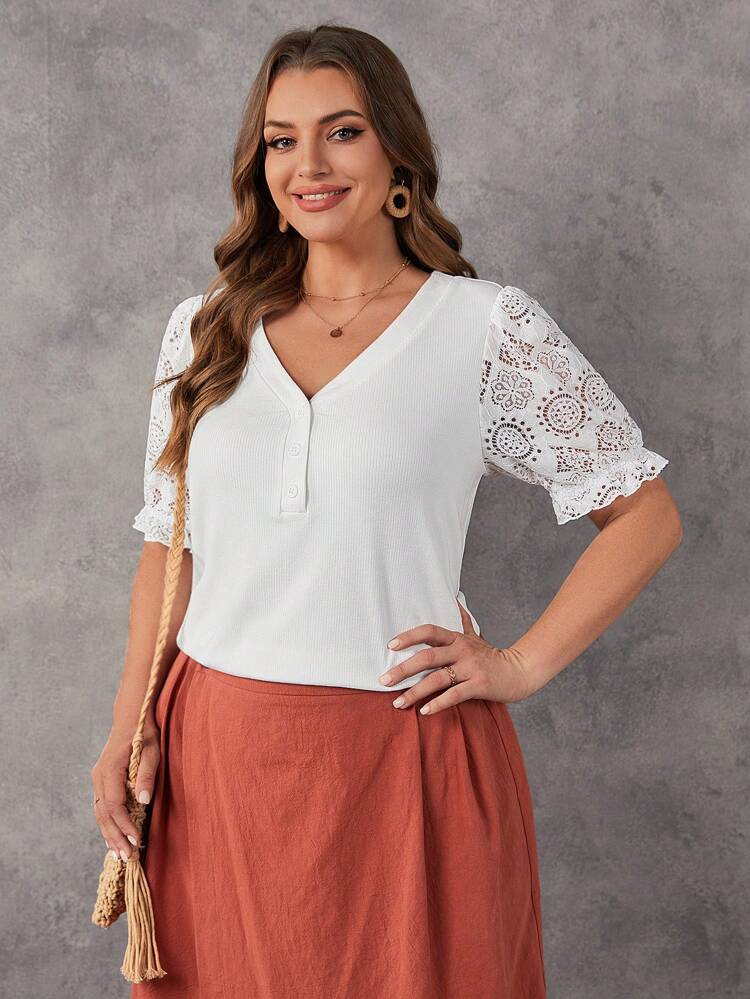 Plus Contrast Lace Flare Sleeve Half Button Tee