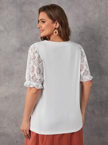 SHEIN LUNE Plus Contrast Lace Flare Sleeve Half Button Tee - White - View 2