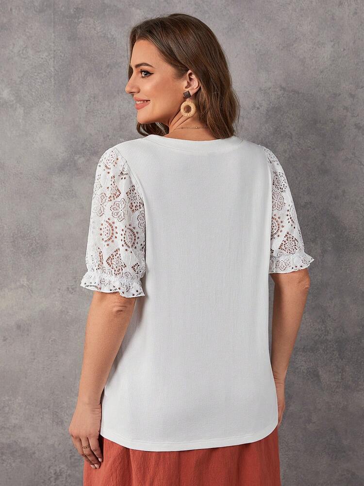 Plus Contrast Lace Flare Sleeve Half Button Tee