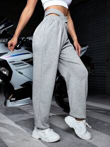 Cut Out Waist Sports Pants - Grey - View 1