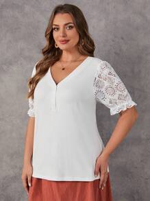 SHEIN LUNE Plus Contrast Lace Flare Sleeve Half Button Tee - White - View 3