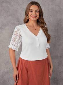 SHEIN LUNE Plus Contrast Lace Flare Sleeve Half Button Tee - White - View 4