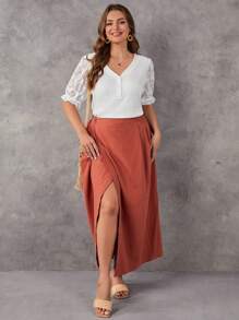 SHEIN LUNE Plus Contrast Lace Flare Sleeve Half Button Tee - White - View 5