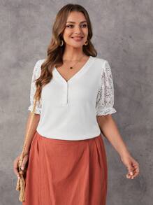 SHEIN LUNE Plus Contrast Lace Flare Sleeve Half Button Tee - White - View 6