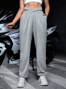 Cut Out Waist Sports Pants - Grey - View 3