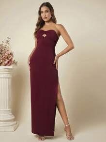 SHEIN Belle Burgundy Red Twist Front Split Thigh Dress - Burgundy - View 5