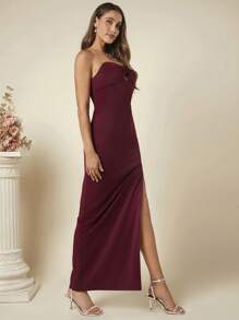 SHEIN Belle Burgundy Red Twist Front Split Thigh Dress - Burgundy - View 6