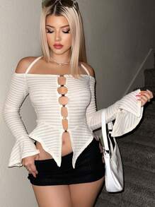 Sweetina Cut Out Front Flare Sleeve Asymmetrical Hem Halter Neck Tee