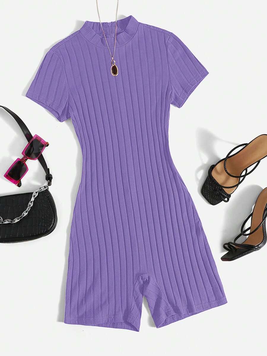 SHEIN EZwear Plus Mock Neck Ribbed Knit Unitard Romper - Violet Purple - View 1