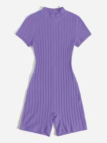 SHEIN EZwear Plus Mock Neck Ribbed Knit Unitard Romper - Violet Purple - View 4