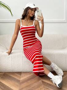 SHEIN EZwear Striped Print Cami Dress - Red and White - View 1