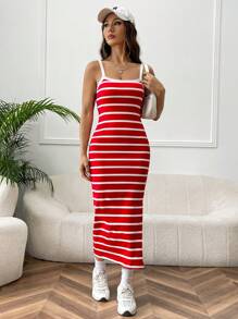 SHEIN EZwear Striped Print Cami Dress - Red and White - View 3
