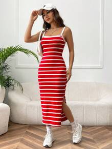 SHEIN EZwear Striped Print Cami Dress - Red and White - View 5