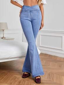 SHEIN Frenchy Asymmetrical Waist Flare Leg Jeans - Light Wash - View 3