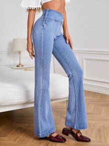SHEIN Frenchy Asymmetrical Waist Flare Leg Jeans - Light Wash - View 5