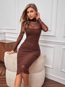 SHEIN Privé High Neck Mesh Panel Lettuce Trim Bodycon Dress - Rust Brown - View 4